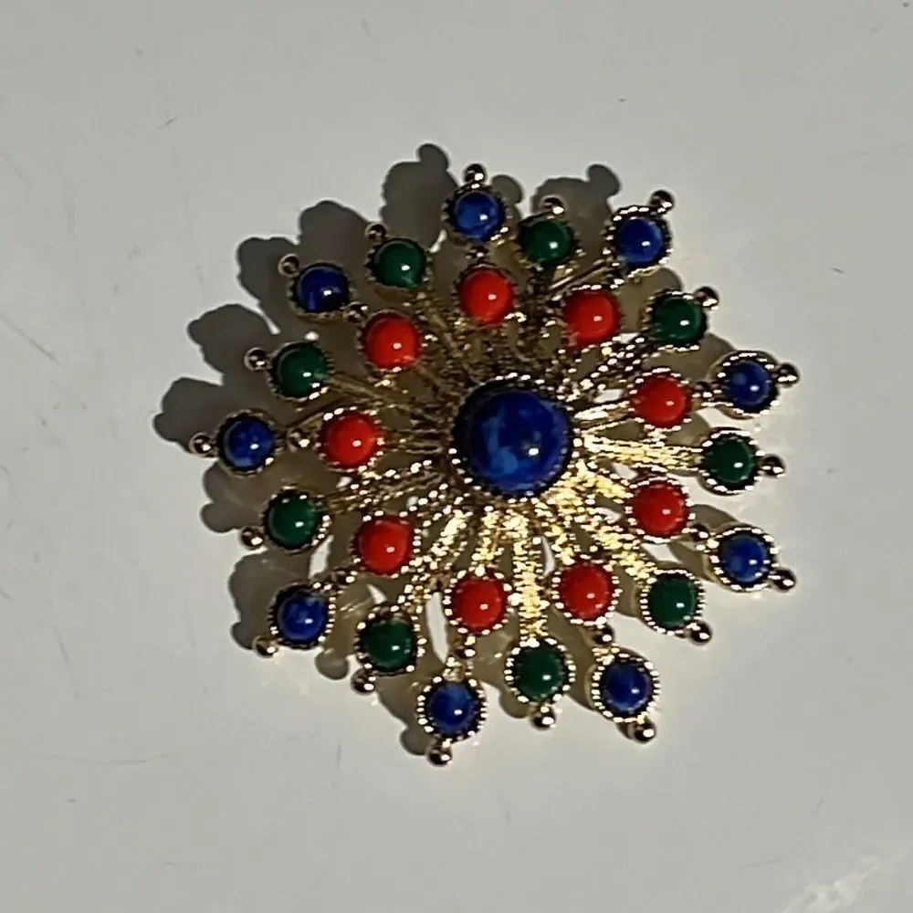 Vintage Gold Tone Sarah Coventry Brooch with Blue, Green, and Red Decoration